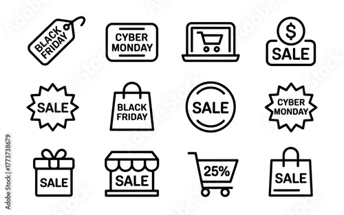 Black Friday and Cyber Monday Sale Icons Set for Retail Promotions and Online Shopping Events
