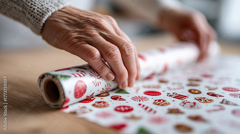 Obraz premium Close-up of fingers unrolling paper with defocused body and clear Christmas pattern of sweets and gifts, with copy space