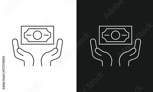 Minimalist Hands Cupped Under Banknote Line Art Icon, Simple Symbol for Receiving Payment, Salary, Donation, or Savings, Modern Vector Graphic for Finance and Wealth, Black and White Versions.