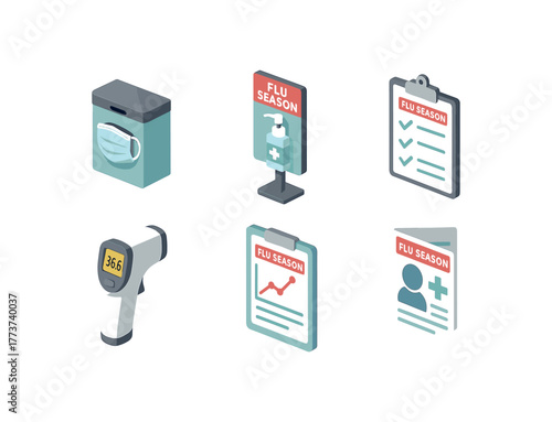isometric icon items isolated on white background flu season mask dispenser flu season sanitizer station flu season symptom checklist flu season thermal scanner flu season prophylaxis chart