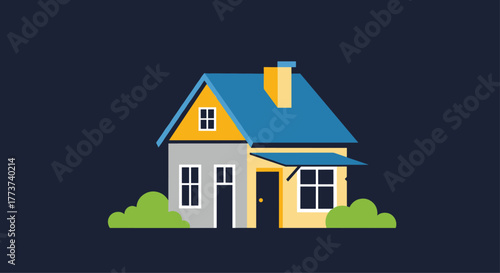 Stylized illustration of a charming two-story house with a blue roof and yellow accents against a dark blue background.