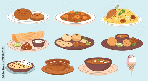A colorful illustration featuring a variety of delicious Indian dishes arranged on a light blue background.
