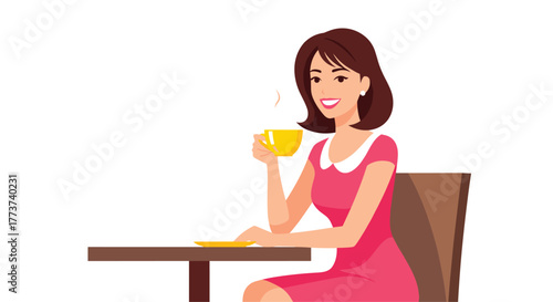 A smiling woman with brown hair in a pink dress sits at a table and drinks from a yellow cup.