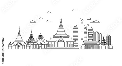 Black and white outline of a cityscape featuring traditional pagodas and modern skyscrapers under a cloudy sky.