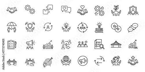 Set of modern business strategy and management related vector line icons promoting collaboration teamwork growth protection learning and innovation representing diverse aspects