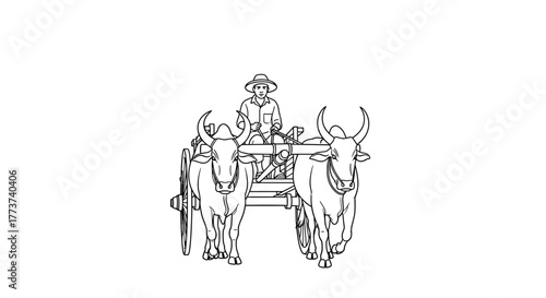A farmer wearing a hat drives an ox cart pulled by two oxen in a line drawing.