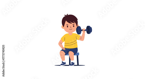 Cartoon illustration of a young boy sitting on a stool, lifting a dumbbell to strengthen his arm muscles and stay fit.