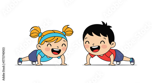Two happy cartoon children, a girl and a boy, doing push-ups together on a white background, promoting fitness and health.