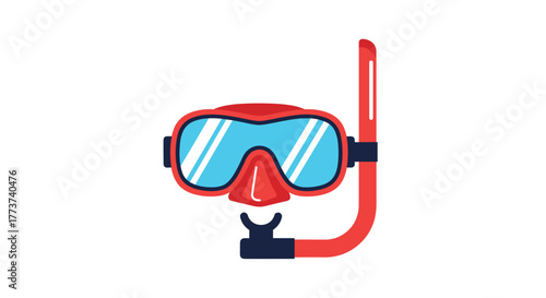 Close up of a red and blue snorkel mask with a white background, perfect for water sports and diving activities.