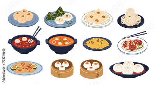 An isometric illustration showcasing a diverse array of delicious Asian dishes including noodles, dumplings, and soups arranged in a grid.