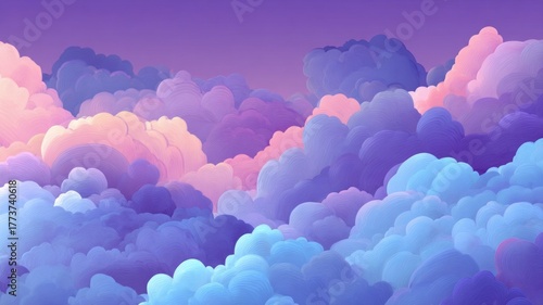 Layers of pastel clouds form serene sky illusion. Soft purples, blues, and pinks dominate, creating dreamy atmosphere. Smooth gradient transitions enhance visual calm. Neural network AI generated