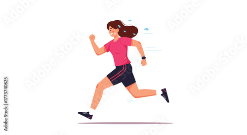 Energetic woman with brown hair in a pink t-shirt and black shorts running vigorously with sweat droplets, exercising outdoors on a white background.