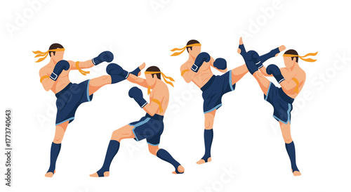 Illustration of four Muay Thai fighters in various dynamic kicking poses against a white background.