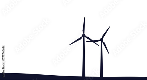 Silhouette of two wind turbines standing tall on a dark, rolling landscape against a white background; renewable energy concept.