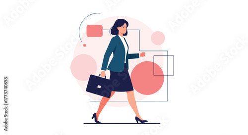 A determined businesswoman in a smart suit walks confidently with a briefcase, embodying professionalism and ambition.