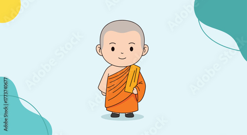 Cute cartoon monk in orange robes with a shaved head standing with a serene expression on a light blue background.