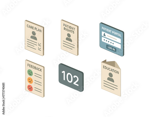 isometric icon items isolated on white background patient care plan template patient rights brochure patient portal login card patient feedback survey patient room number plaque patient