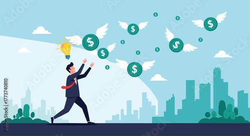 Businessman reaching for flying dollar coins and a lightbulb in a city skyline.