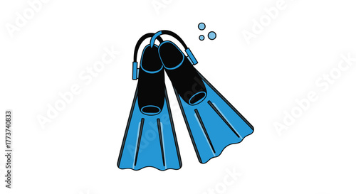 A pair of blue and black swim fins, also known as flippers, are shown crossed over each other with a few bubbles floating above.