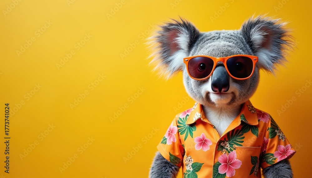 © miss irine - Anthropomorphic koala wears Hawaiian shirt and sunglasses, posing against a bright yellow background. Ideal for travel ads, resort promotions, and summer themes. © miss irine - Anthropomorphic koala wears Hawaiian shirt and sunglasses, posing against a bright yellow background. Ideal for travel ads, resort promotions, and summer themes.