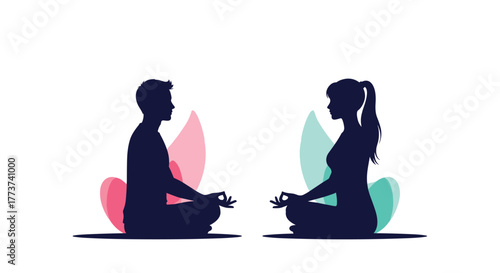 Silhouettes of a man and a woman meditating side-by-side with abstract floral elements.