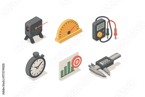 isometric icon items isolated on white background accuracy laser alignment device accuracy chart protractor accuracy multimeter test lead accuracy time stamp chronometer accuracy batch