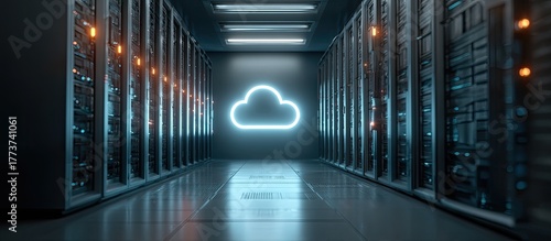 Futuristic server room with glowing cloud symbol