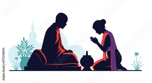 Silhouette of a Buddhist monk seated in meditation while a woman kneels before him in prayer and offering.