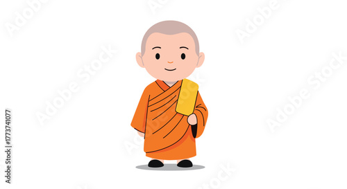 A cute cartoon illustration of a Buddhist monk in traditional orange robes and a yellow sash standing peacefully.