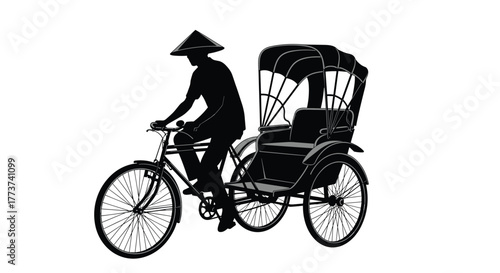 Silhouette of a person wearing a conical hat riding a bicycle rickshaw with a passenger seat and canopy.