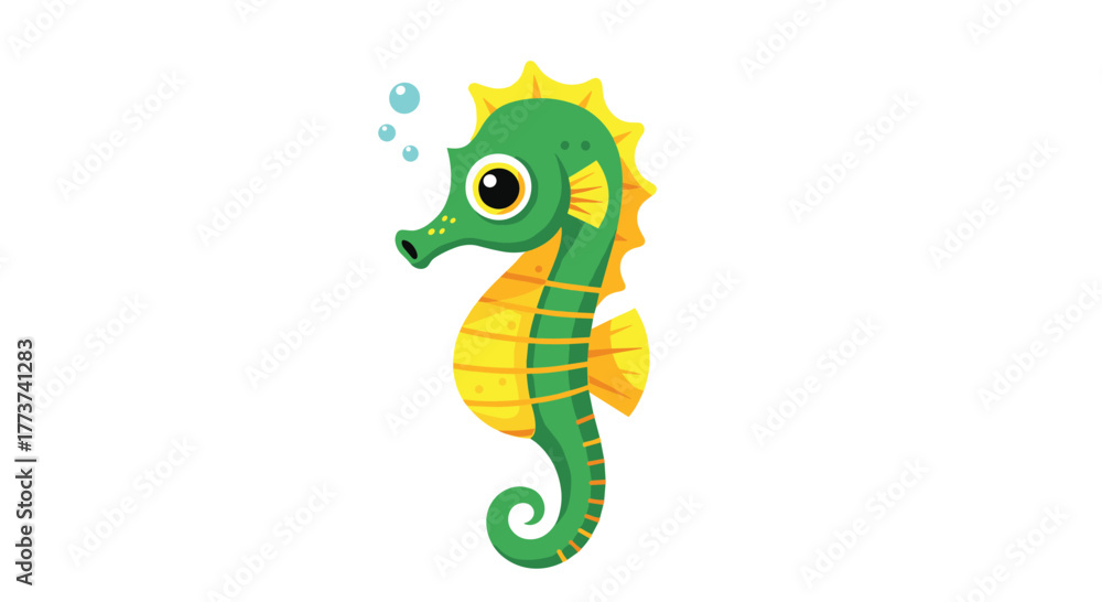 Naklejka premium Cute cartoon green and yellow seahorse swimming underwater with bubbles rising from its snout.