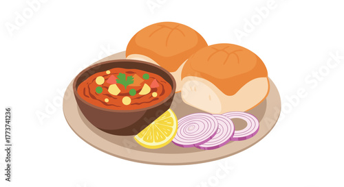 Flat illustration of pav bhaji, a popular Indian street food, served with bread rolls and sliced onions.