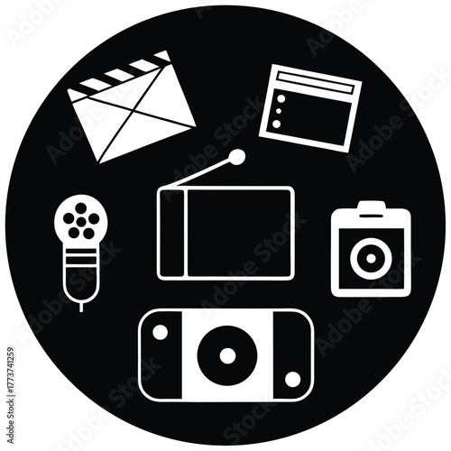 Black and white multimedia vector design with a collection of devices