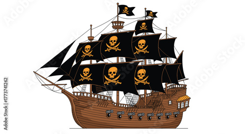 A majestic wooden pirate ship with black sails adorned with skull and crossbones flags, ready for adventure on the high seas.