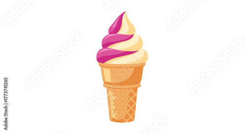 Close-up of a delicious swirl soft-serve ice cream cone with two flavors, vanilla and raspberry pink, isolated on a white background.
