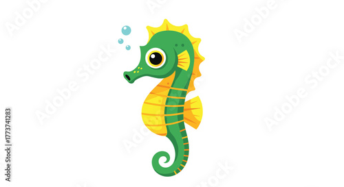 Cute cartoon green and yellow seahorse swimming underwater with bubbles rising from its snout.