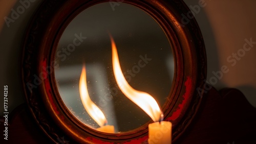 Close-up of a candle flame reflected in a round antique mirror, creating a mesmerizing visual