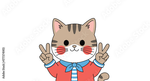 Cute cartoon cat wearing a red shirt and blue scarf, holding up peace signs with both hands in a cheerful gesture.