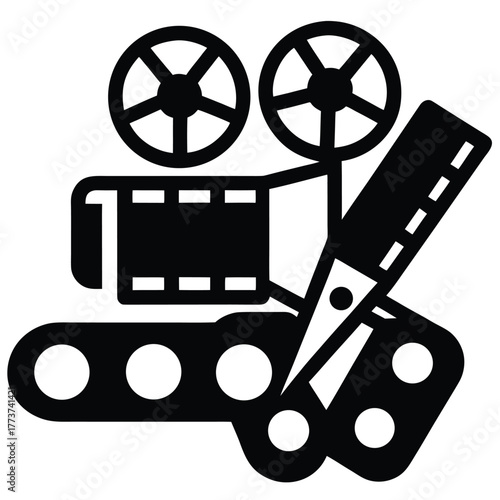 Retro Film Projector Icon with Scissors Editing Film Strip Graphic