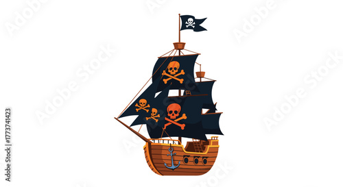 Cartoon illustration of a pirate ship with black sails adorned with skull and crossbones flags, sailing on a white background.
