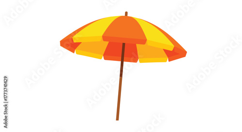 A cartoon illustration of a two-tiered open beach umbrella with alternating orange and yellow panels and a brown pole on a white background.