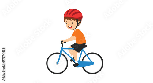 Cute cartoon boy wearing a red helmet happily riding a blue bicycle on a white background.