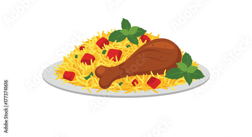 Illustration of a delicious plate of chicken biryani garnished with fresh mint leaves and diced tomatoes.