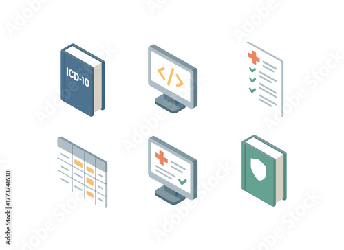 isometric icon items isolated on white background medical coder ICD10 codebook medical coder abstraction software medical coder audit checklist medical coder crosswalk table medical coder