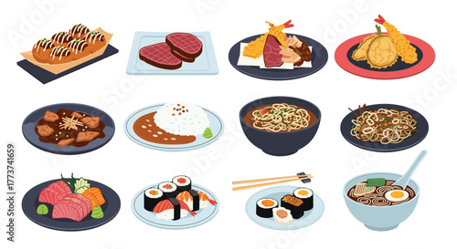 Collection of various delicious Japanese food dishes, including sushi, ramen, tempura, and grilled meats, presented beautifully on plates and in bowls.