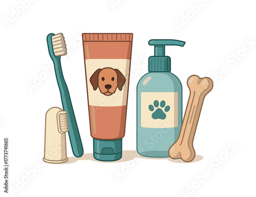 dog oral hygiene kit toothbrush paste and dental care products flat vector illustration style isolated on white background
