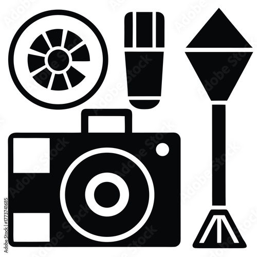 Camera with accessories represented in a minimalistic black and white design