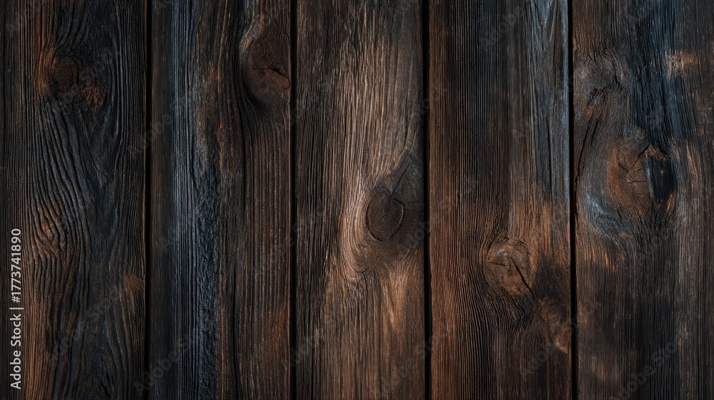 Naklejka premium Close-up of wooden planks featuring rich dark grains, knots, and aged texture, creating rustic and warm aesthetic. Woods deep hue suggests moody atmosphere. Neural network AI generated