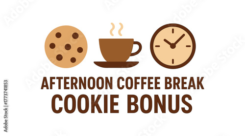 Flat vector banner design text AFTERNOON COFFEE BREAK COOKIE BONUS supporting icons of cookie cup and clock beige and chocolate palette