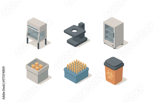 isometric icon items isolated on white background laboratory biosafety cabinet laboratory microscope stage laboratory incubator shelf laboratory sample storage box laboratory pipette tip